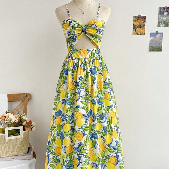 Multicolor Boho Women's Spaghetti Strap V-Neck Knotted Waist A-Line Midi Dress - Picture 1 of 7